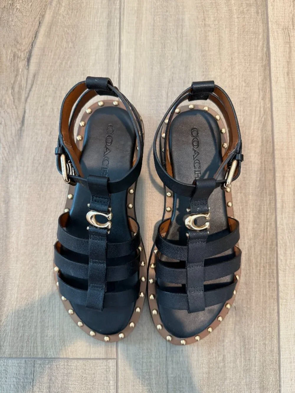 Coach Black Leather Studded T-Strap Sandals Size 6.5 – Excellent Condition